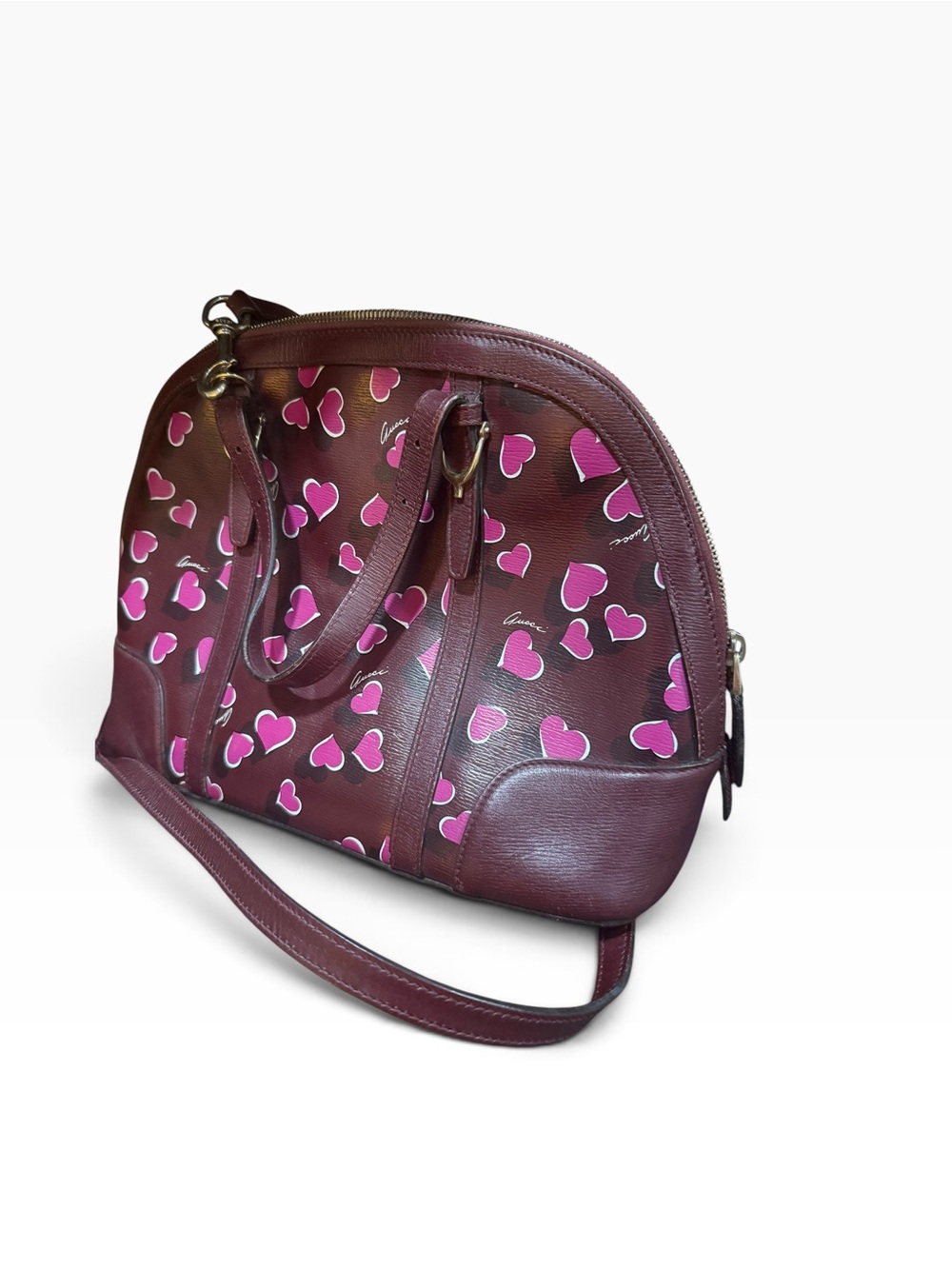 Gucci Vintage Y2K Burgundy Pink Heart Print Dome Satchel Shoulder Bag - Picture 8 of 11